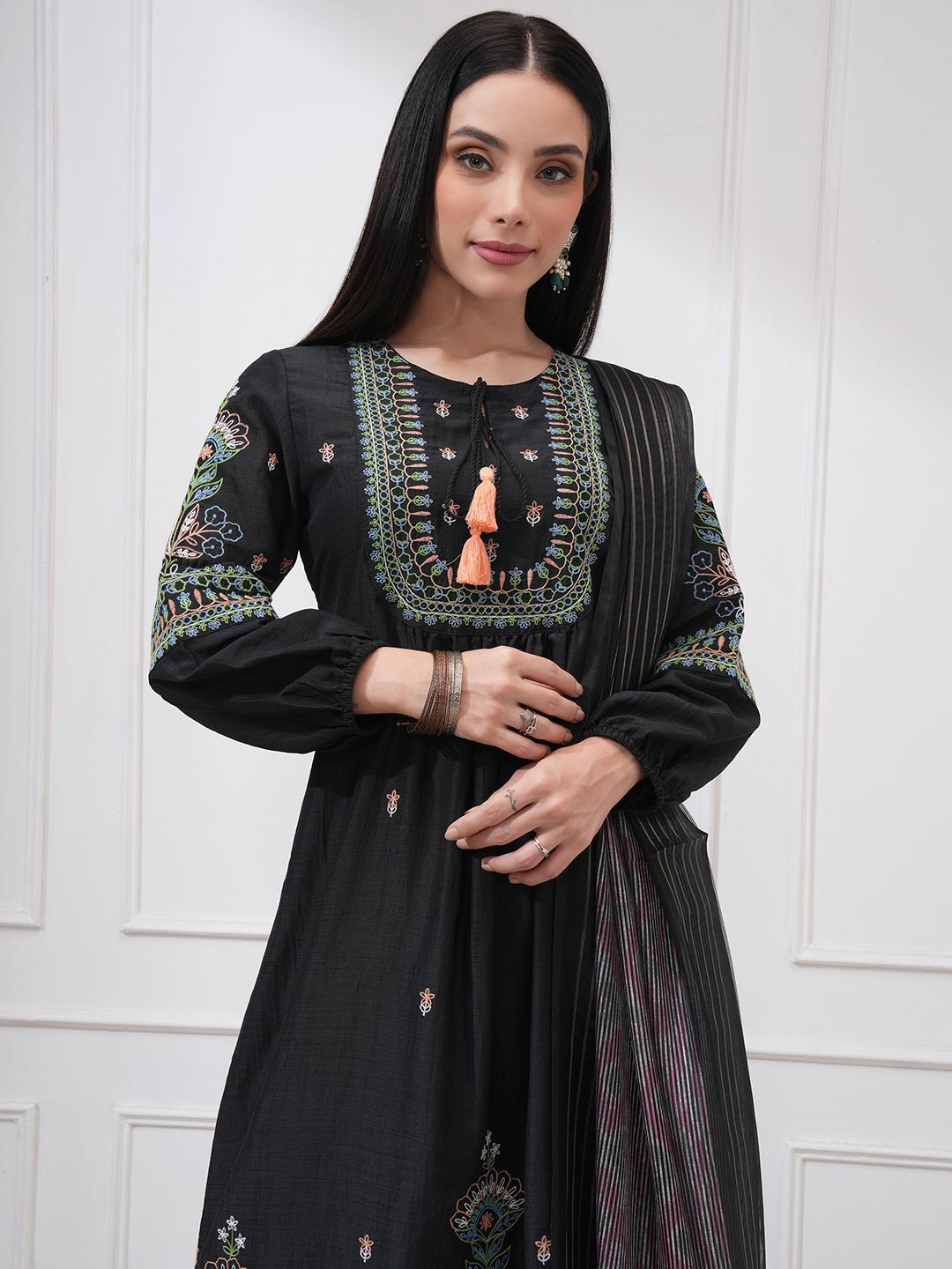 Vishudh Floral Embroidered Tie-Up Neck A-Line Kurta With Trousers & Dupatta