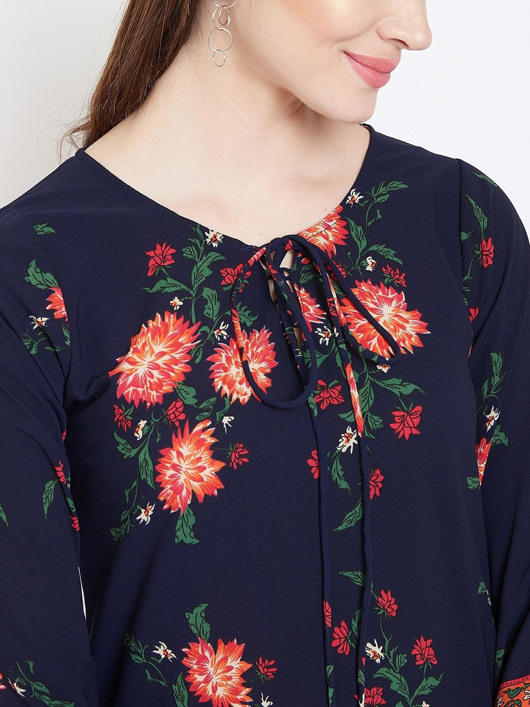 Berrylush Floral Print Tie-Up Neck Bell Sleeve A-Line Dress