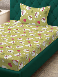 KLOTTHE Green Conversational Pure Cotton 400 TC Single Cadar Superfine dengan Sarung Bantal-89 x 59 inci