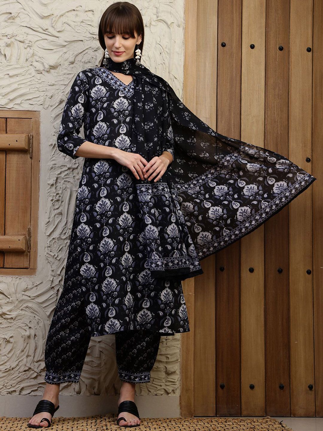 KALINI Floral Printed V-Neck Straight Kurta With Trousers And Dupatta