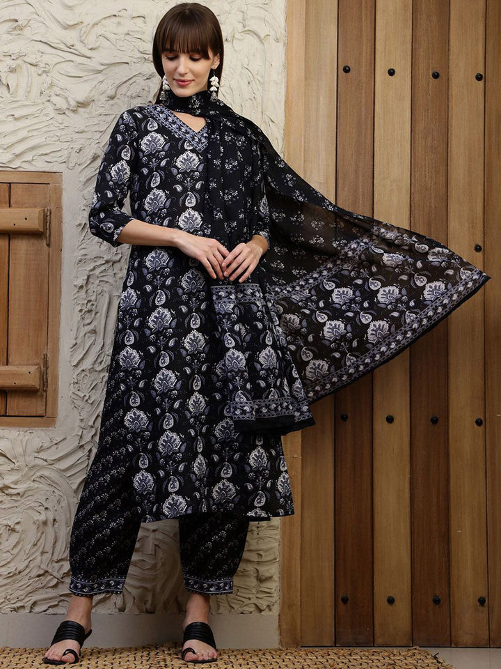 KALINI Floral Printed V-Neck Straight Kurta With Trousers And Dupatta