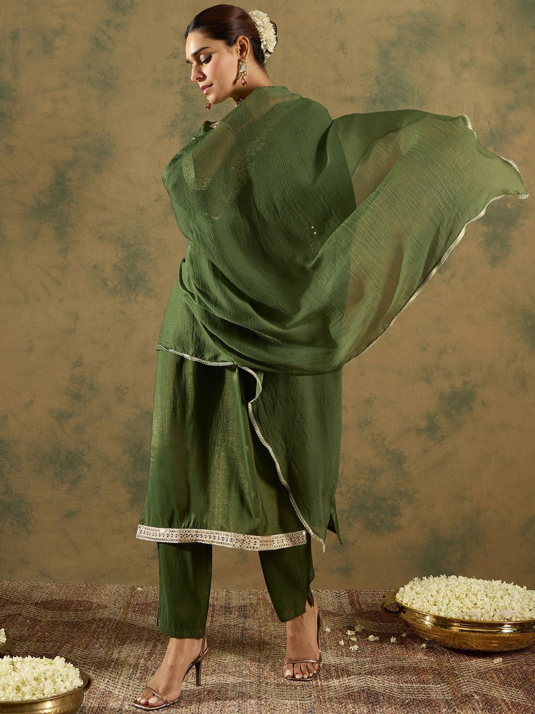 Indo Era Ethnic Motifs Zari Embroidered Kurta with Trouser & Dupatta