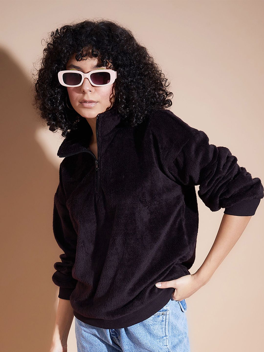 SASSAFRAS BASICS High Collar Long Sleeves Oversized Fleece Pullover Sweatshirt