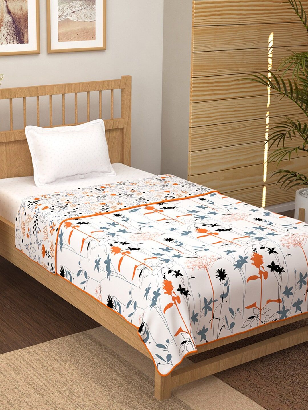Story@home White & Grey Floral AC Room 150 GSM Single Bed Dohar
