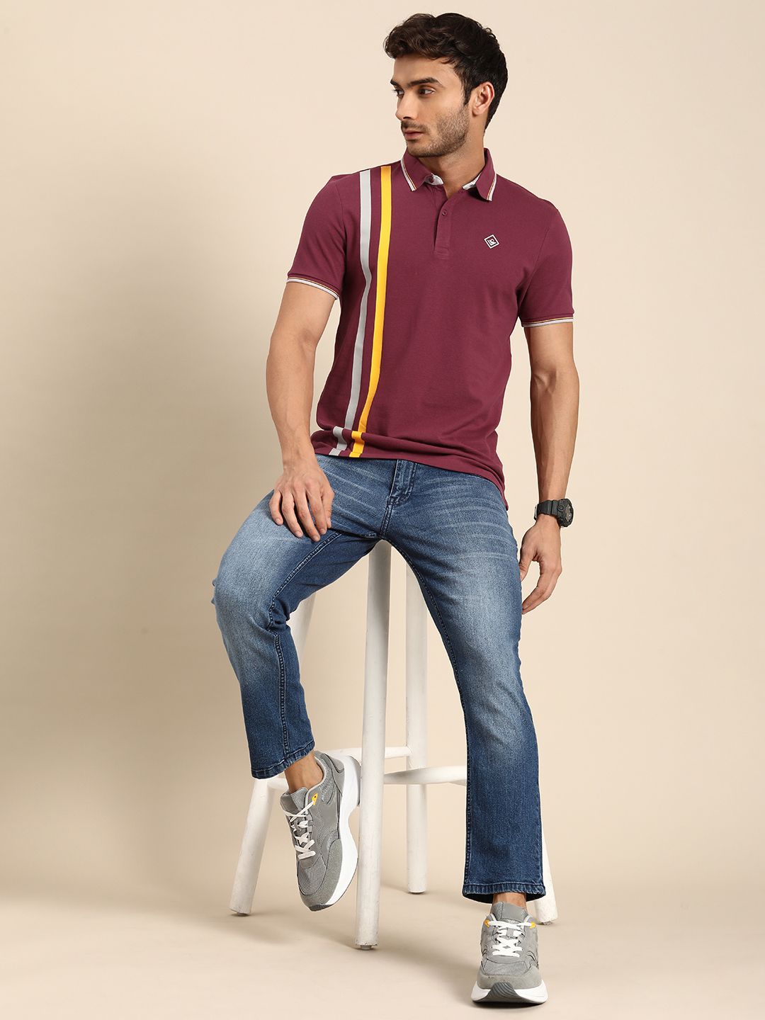 Being Human Striped Polo Collar Pure Cotton T-shirt