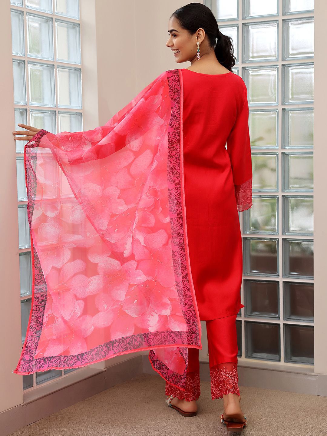 Libas Yoke Design Thread Work Straight Kurta with Trousers & Dupatta