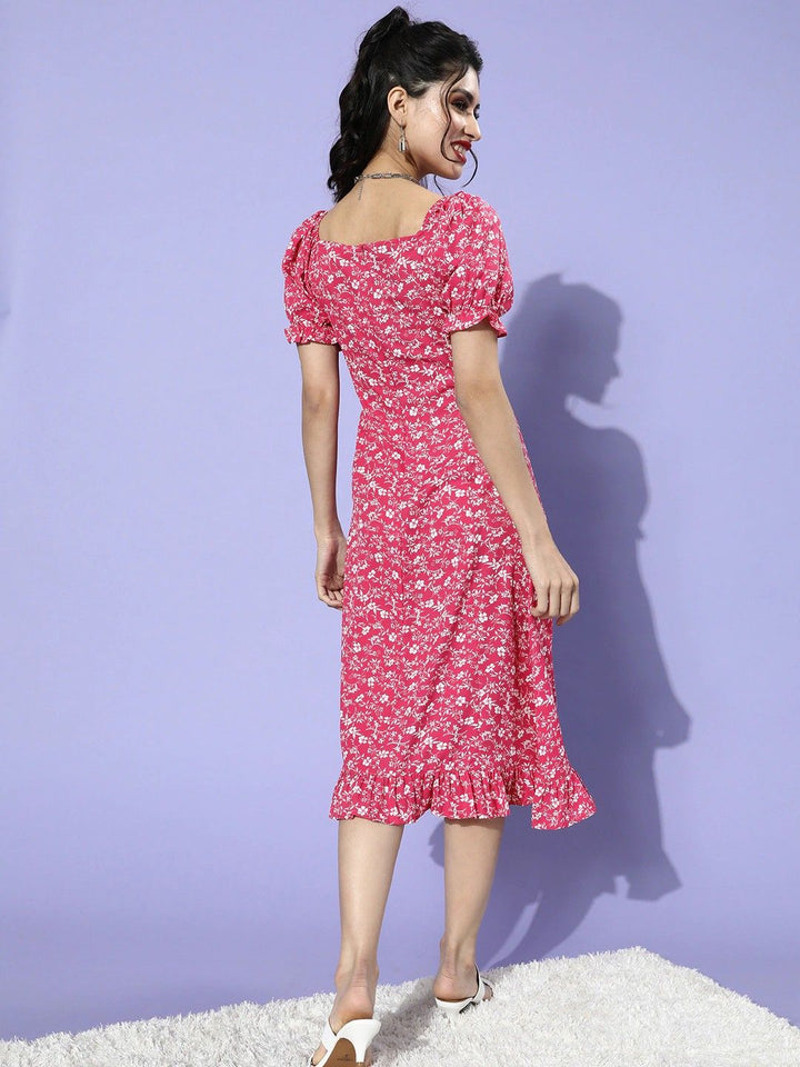 Berrylush Fuchsia & White Floral Puff Sleeves Crepe A-Line Midi Dress