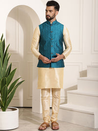 SOJANYA Kurta Lelaki Emas & Hijau Teal dengan Jaket Churidar Dan Nehru