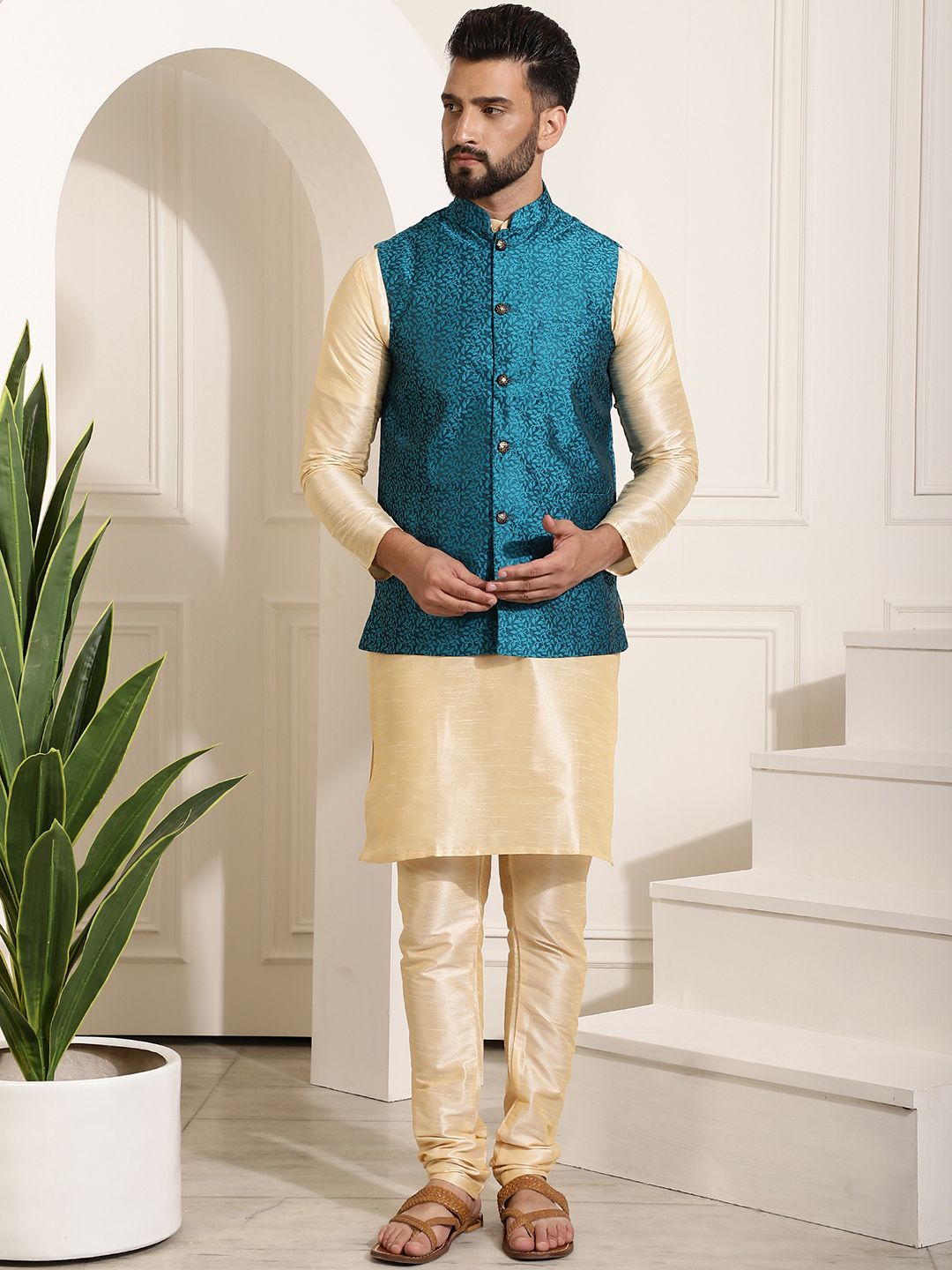 SOJANYA Men Golden & Teal Green Kurta with Churidar And Nehru Jacket