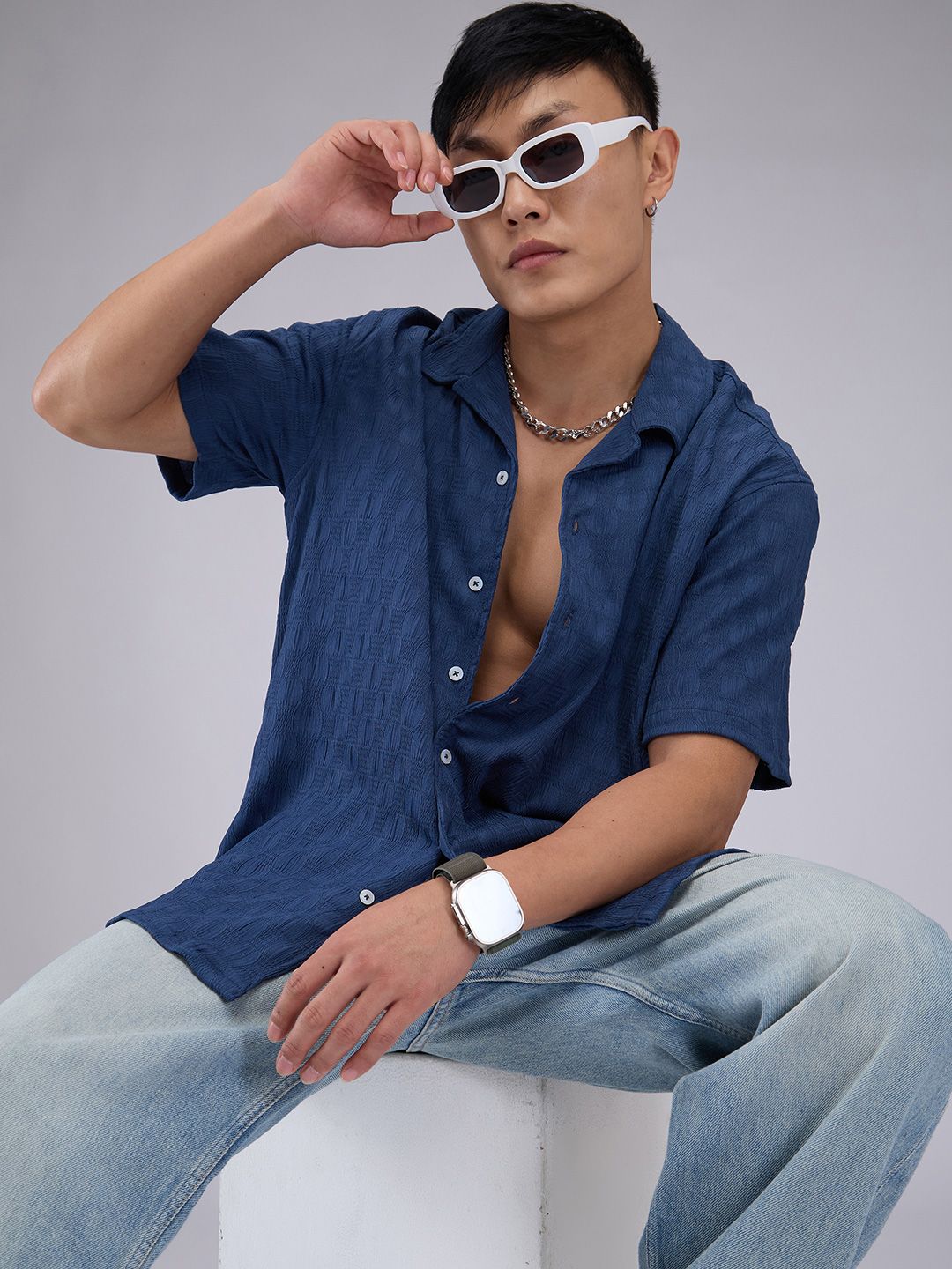 VASTRADO Men Classic Cuban Collar Textured Oversized Casual Shirt