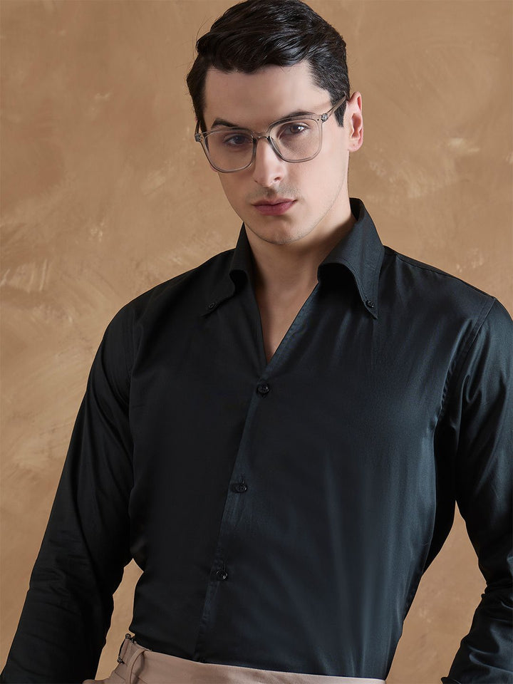 DENNISON Men Bottle Green Cooper Collar Formal Shirt