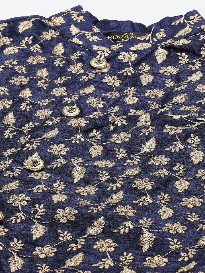 SOJANYA Men Cream-Coloured Chikankari Pure Cotton Kurta with Churidar & Nehru Jacket