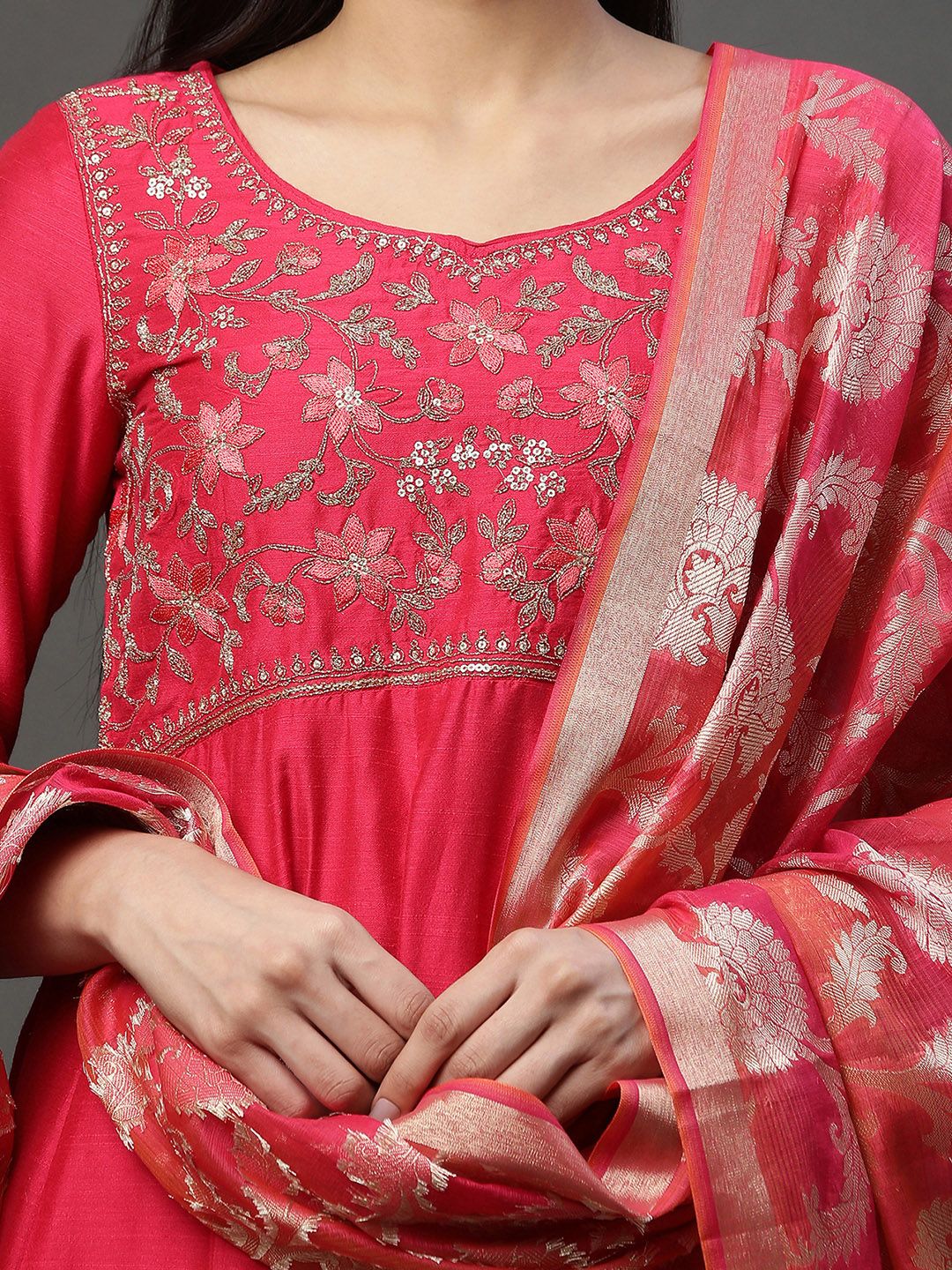 AURELIA Women Pink Floral Embroidered Empire Sequinned Kurta with Trousers & With Dupatta