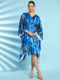 Antheaa Embellished Print Flared Sleeve Satin Kaftan Dress