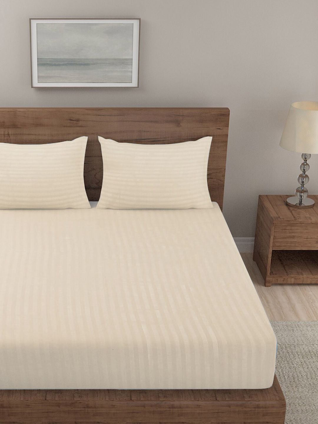 KLOTTHE Cream-Coloured Striped 210 TC King Bedsheet with 2 Pillow Covers