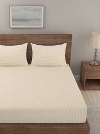 KLOTTHE Cream-Coloured Striped 210 TC King Bedsheet with 2 Pillow Covers