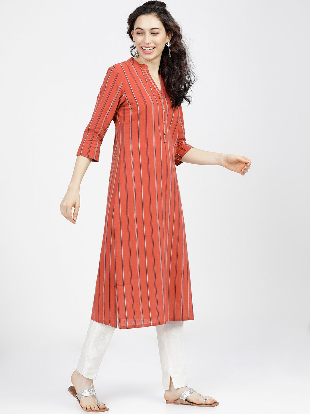 Vishudh Women Rust Red Striped Kurta