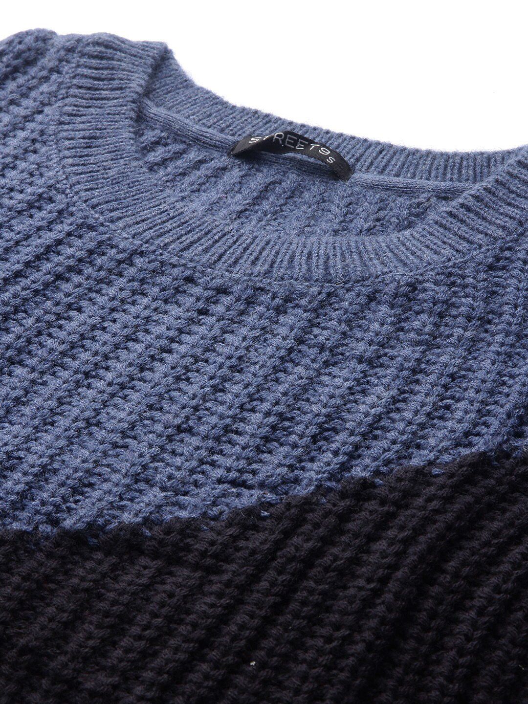 STREET 9 Women Blue & Black Colourblocked Pullover Sweater