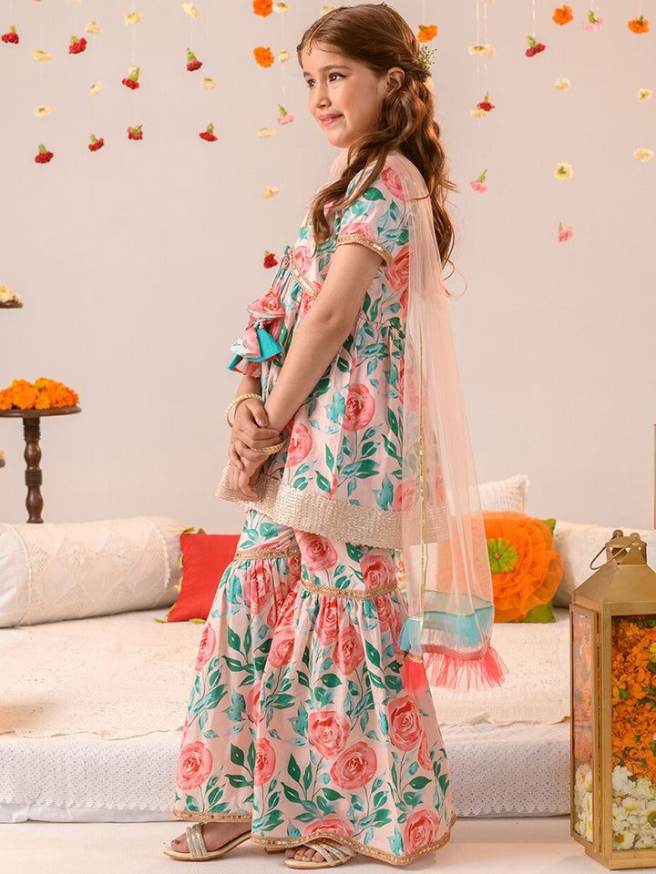 pspeaches Girls Floral Printed Regular Pure Cotton Kurta with Sharara & Dupatta