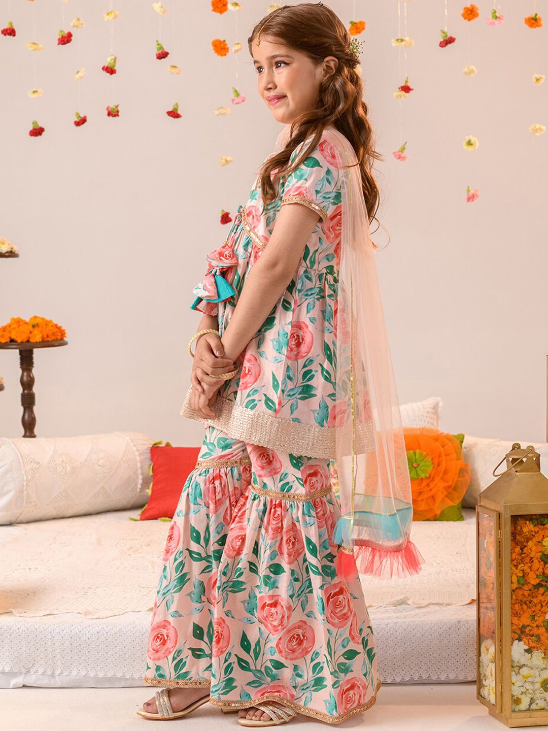pspeaches Girls Floral Printed Regular Pure Cotton Kurta with Sharara & Dupatta