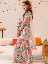 pspeaches Girls Floral Printed Regular Pure Cotton Kurta with Sharara & Dupatta