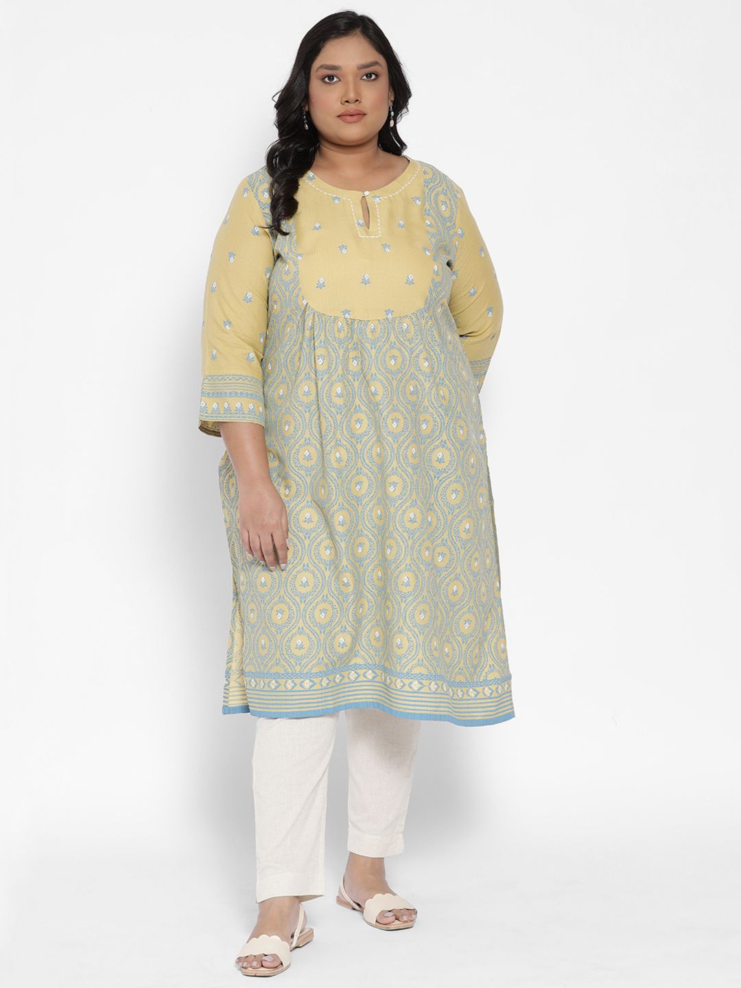 W Women Yellow & Blue Ethnic Motifs Printed Flared Sleeves Kurta