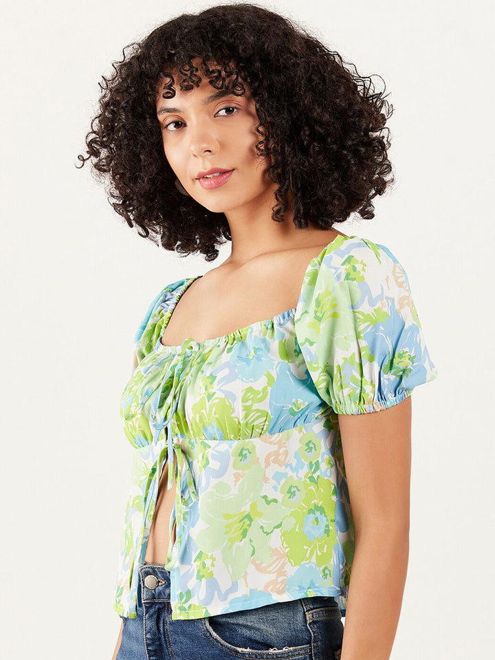 Athena Floral Printed Square Neck Puff Sleeve mengikat bahagian atas tanaman biasa