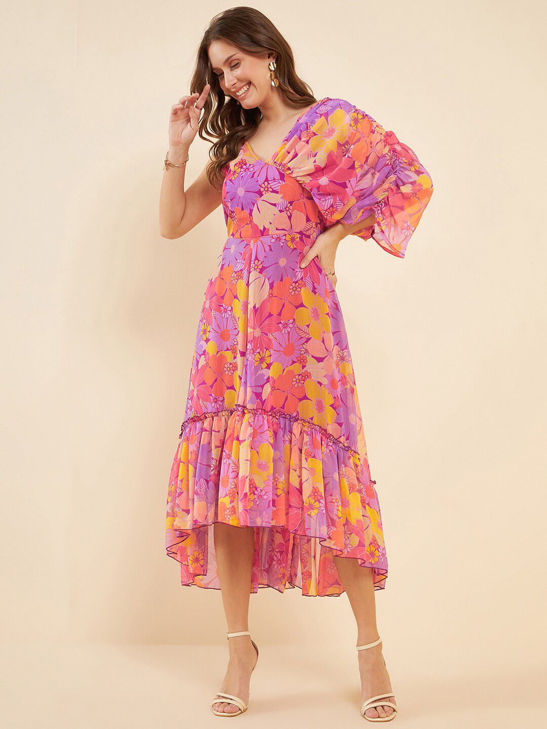 Antheaa Pink Floral Printed V-Neck Gathered Detailed Chiffon Fit & Flare Midi Dress