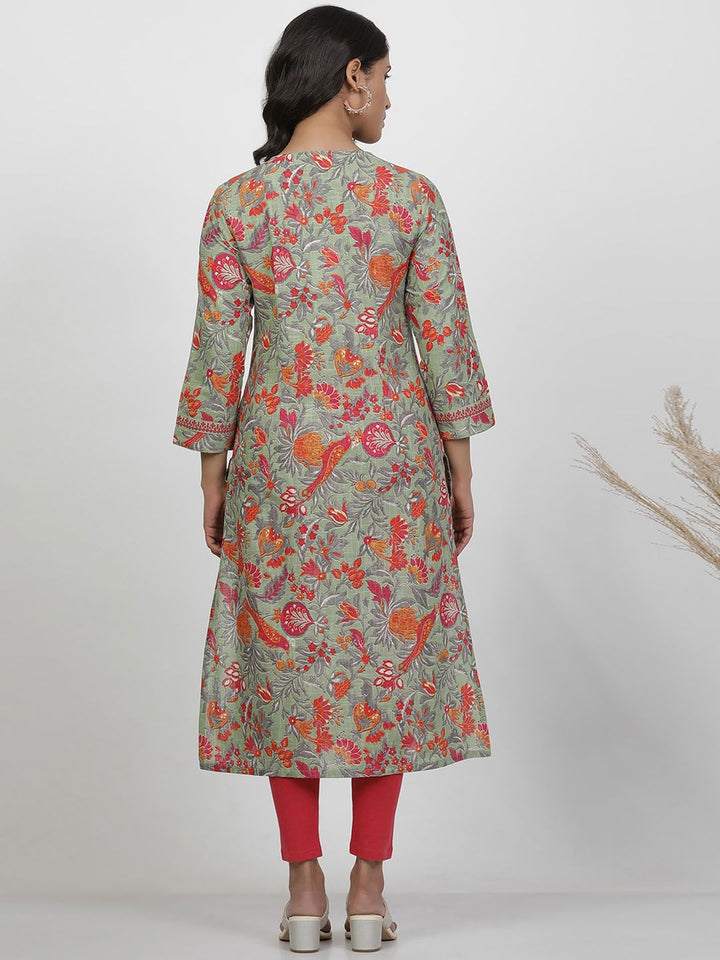 W Floral Printed V-Neck Pure Cotton Straight Kurta