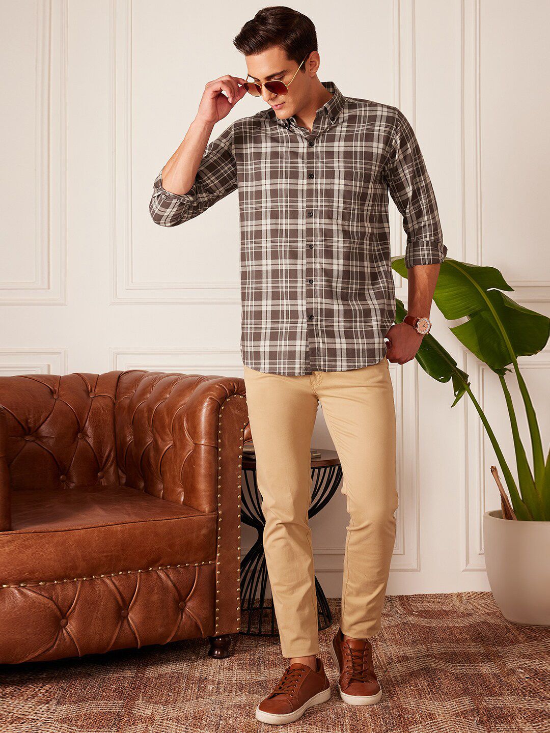 DENNISON Smart Tartan Checked Button-Down Collar Cotton Casual Shirt