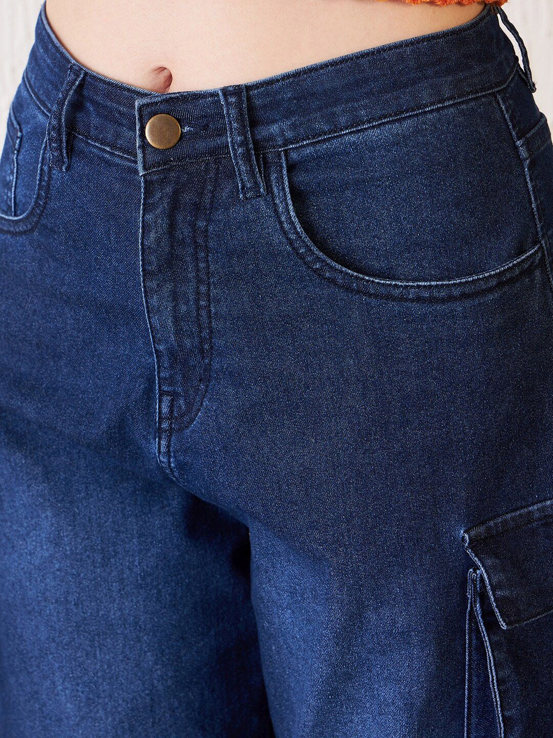 Antheaa Women Blue Comfort Relaxed Fit High-Rise Clean Look Stretchable Denim Cargo