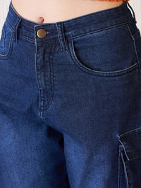 Antheaa Women Blue Comfort Relaxed Fit High-Rise Clean Look Stretchable Denim Cargo