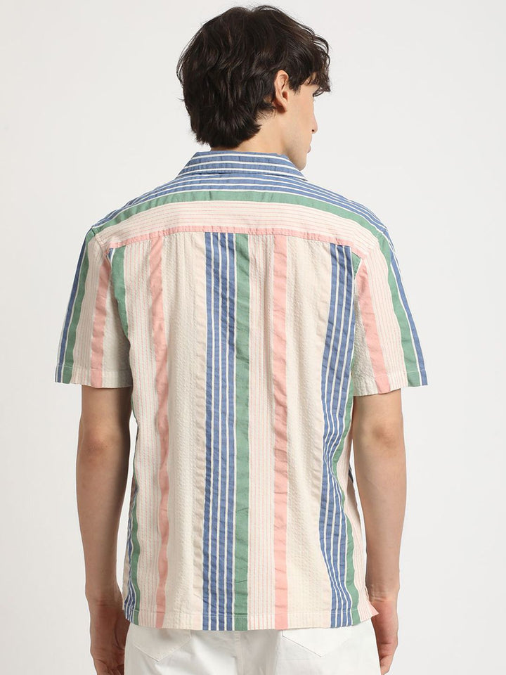 THE BEAR HOUSE Vertical Striped Cuban Collar Pure Cotton Casual Shirt
