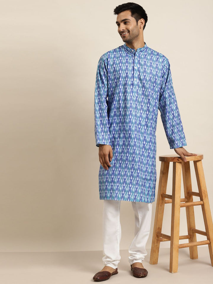 SOJANYA Kurta Bercetak Motif Etnik Biru & Putih Lelaki