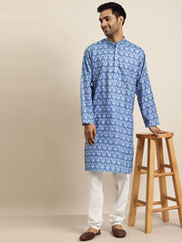 SOJANYA Kurta Bercetak Motif Etnik Biru & Putih Lelaki