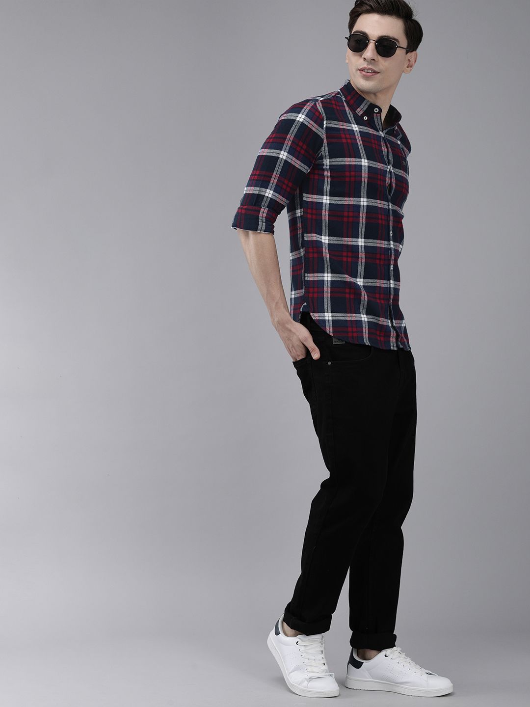 THE BEAR HOUSE Men Navy Blue Slim Fit Tartan Checked Flannel Pure Cotton Casual Shirt