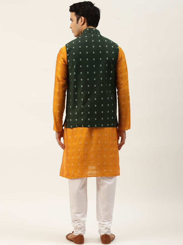 SOJANYA Men Orange Ethnic Motifs Kurta with Churidar & Nehru Jacket