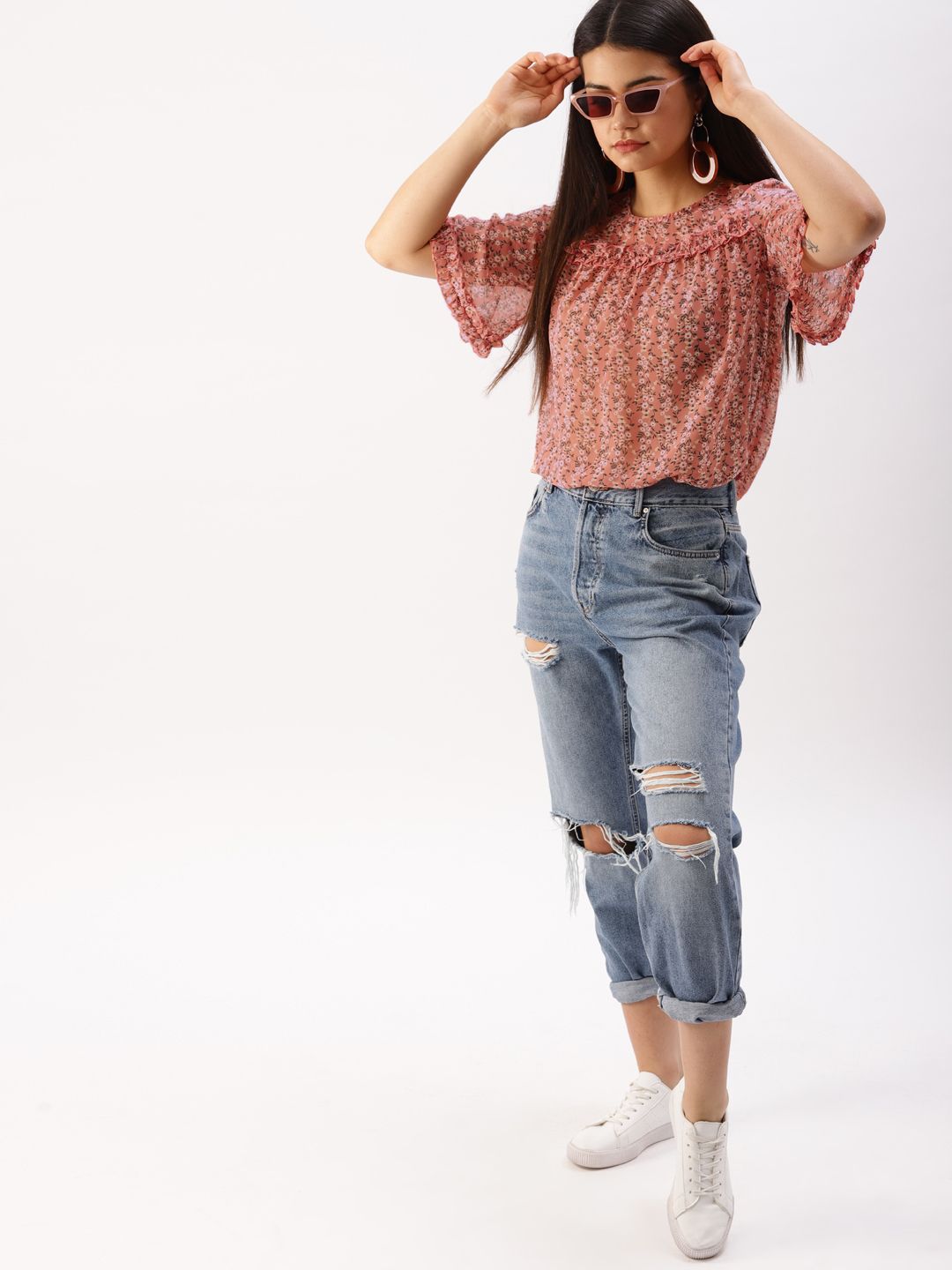 DressBerry Coral Pink Floral High-Low Top