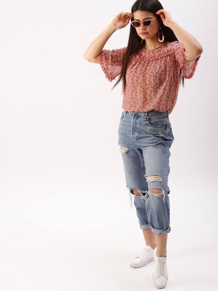 DressBerry Coral Pink Floral High-Low Top