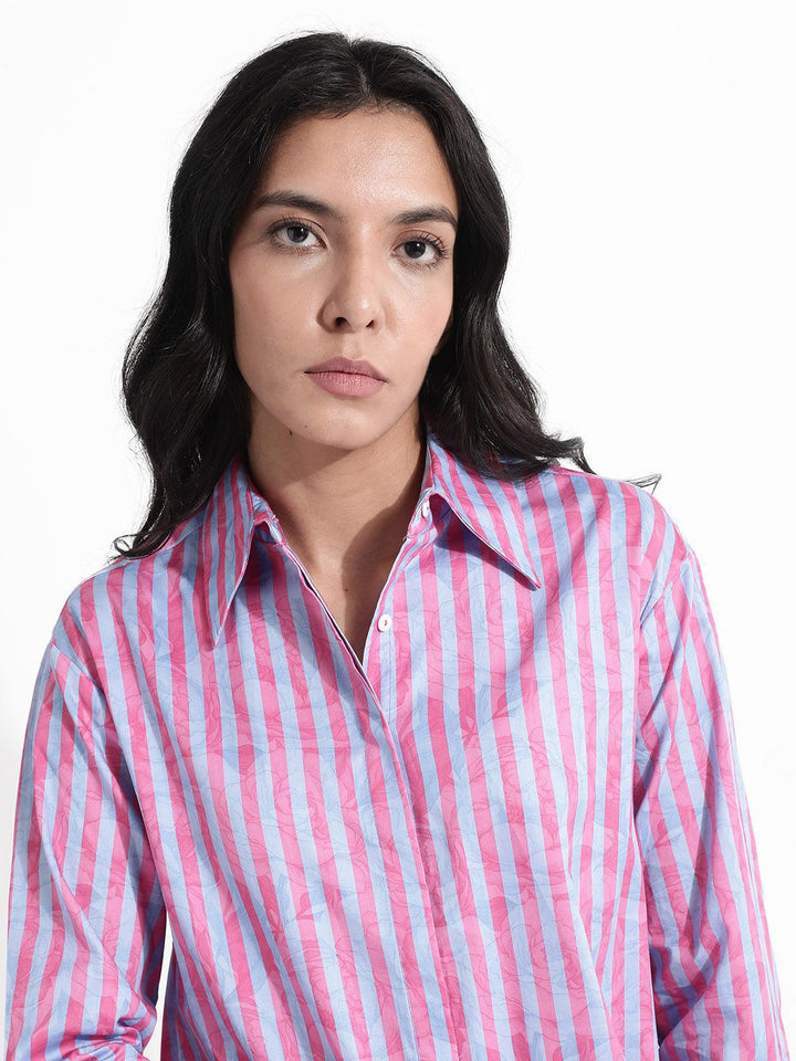 RAREISM Shirt Collar Long Sleeves Striped Cotton Top