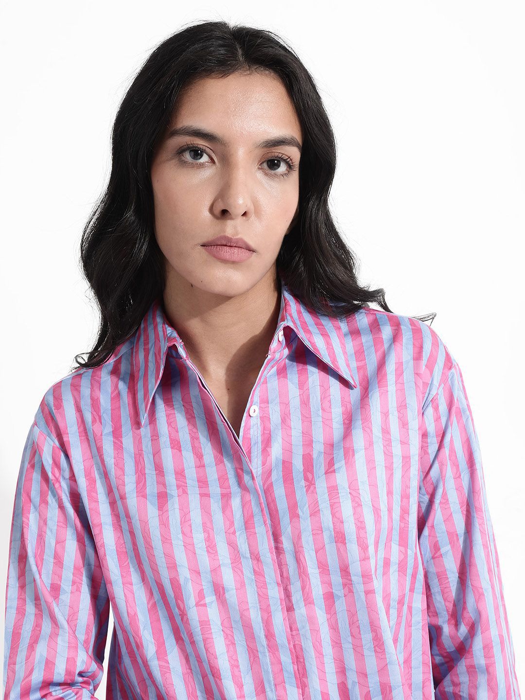 RAREISM Shirt Collar Long Sleeves Striped Cotton Top