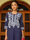 House of Chikankari Women Navy Blue Cotton Chikankari Sulam Set Kurta