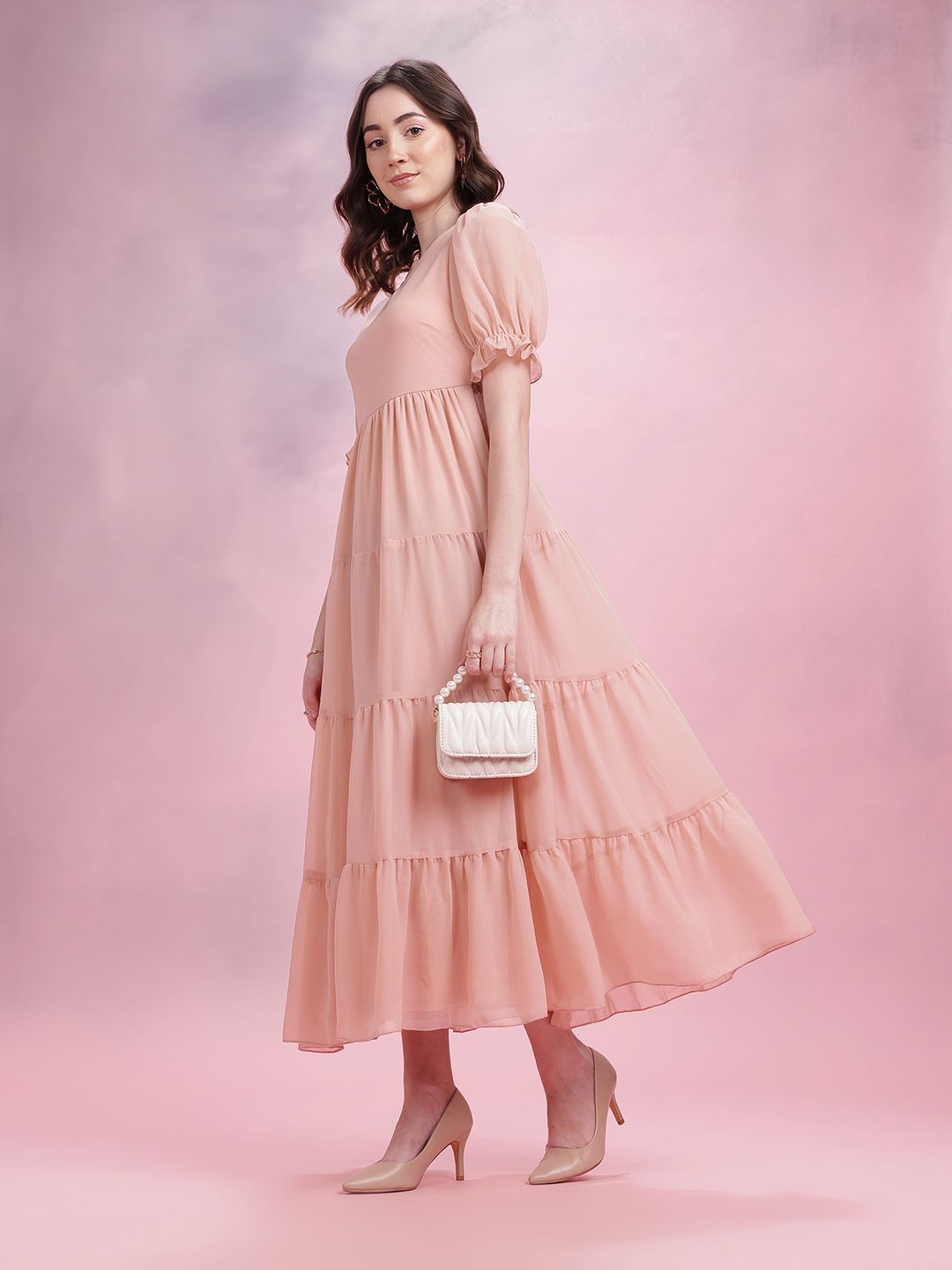 DressBerry Puff Sleeve Tiered A-Line Midi Dress