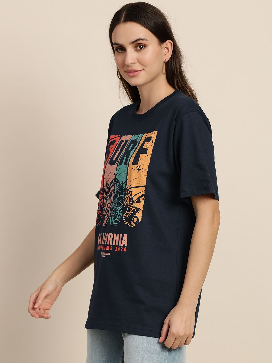 DILLINGER Women Navy Blue Varsity Printed Pure Cotton T-shirt