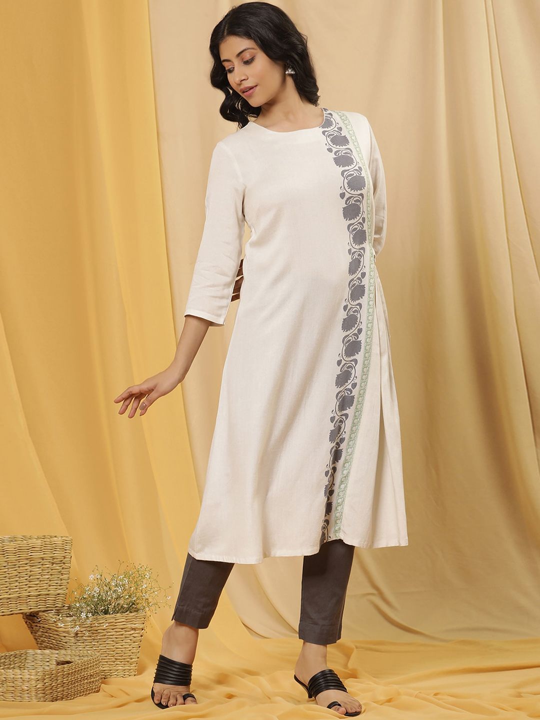 W Woven Design Floral Printed Round Neck Calf Length A-Line Kurta with Trouser