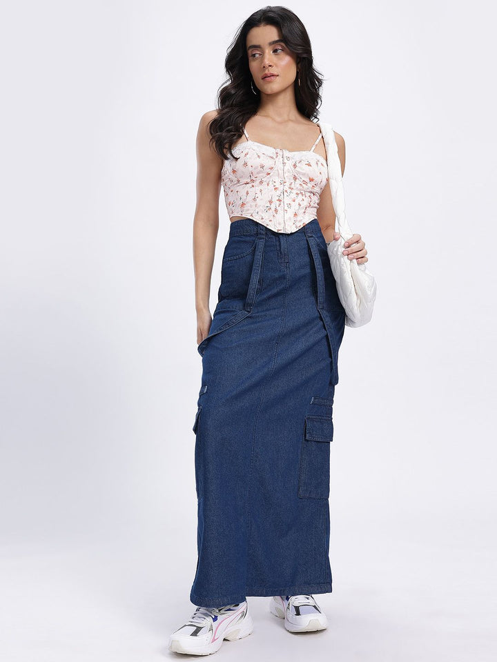 DressBerry Women Cargo Style Denim Maxi Skirt