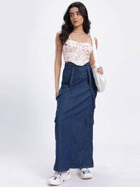 DressBerry Women Cargo Style Denim Maxi Skirt