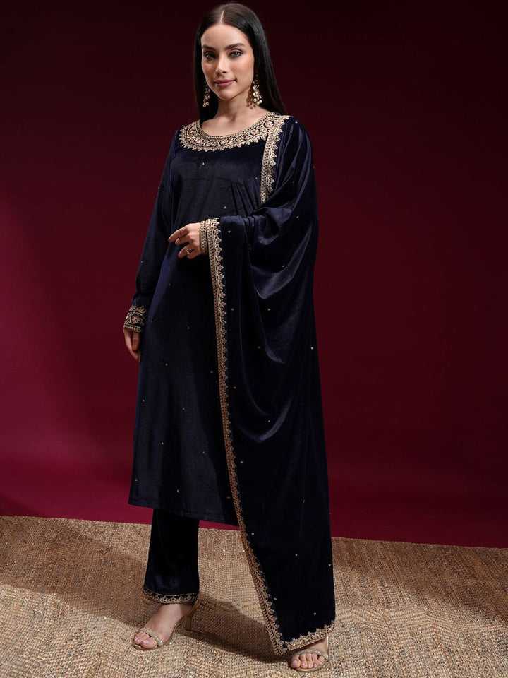 Vishudh Women Embroidered Velvet Straight Kurta with Slim Pants and Dupatta