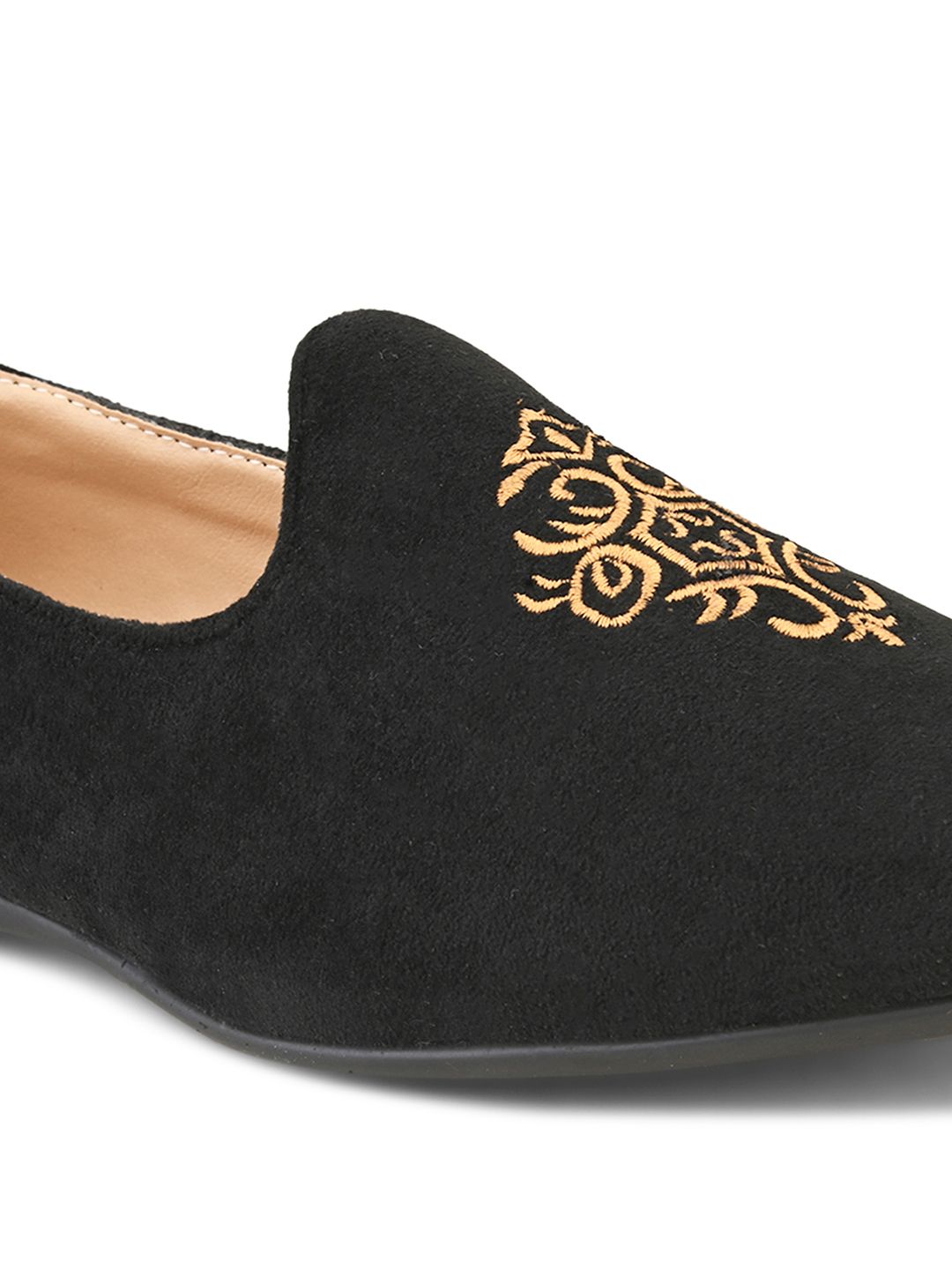 House of Pataudi Men Black & Beige Woven Design Handcrafted Slip-Ons