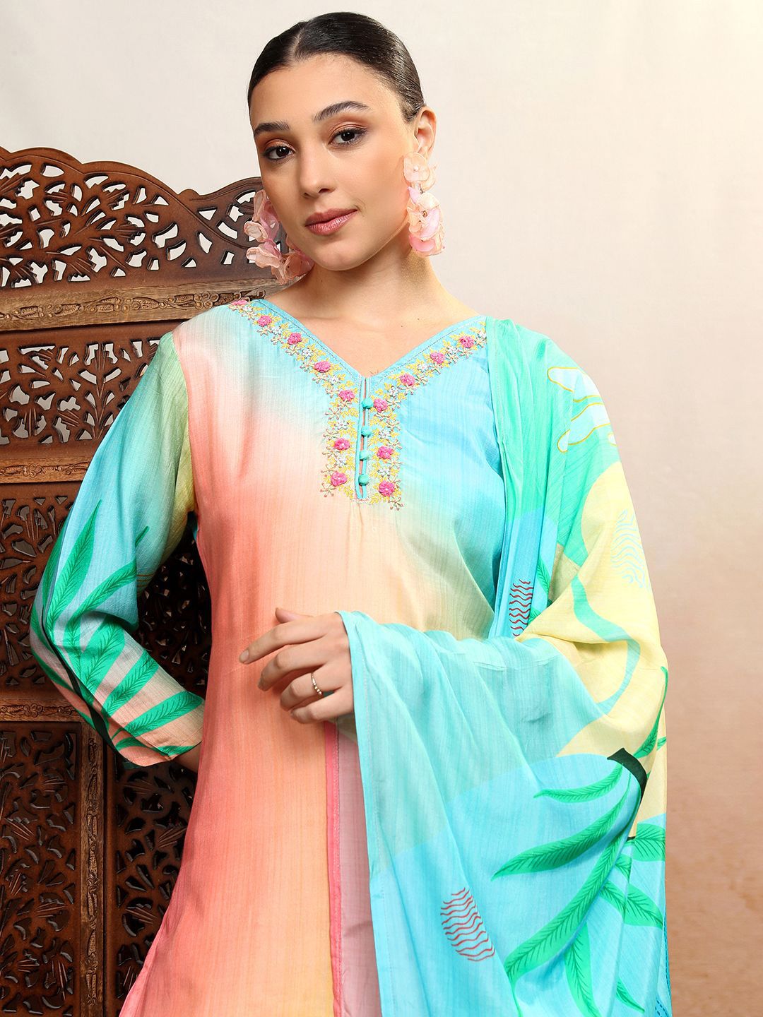 Vishudh Orange Ombre Printed Thread Work Straight Holi Kurta With Trousers & Dupatta